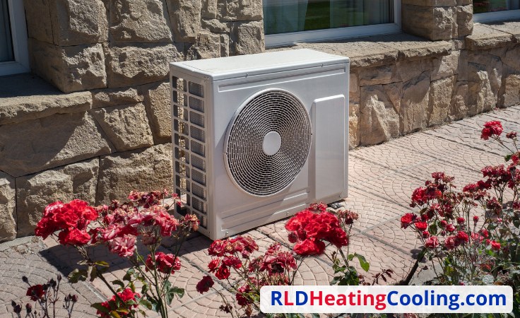 Outdoor air conditioning unit beside a stone wall with flowers