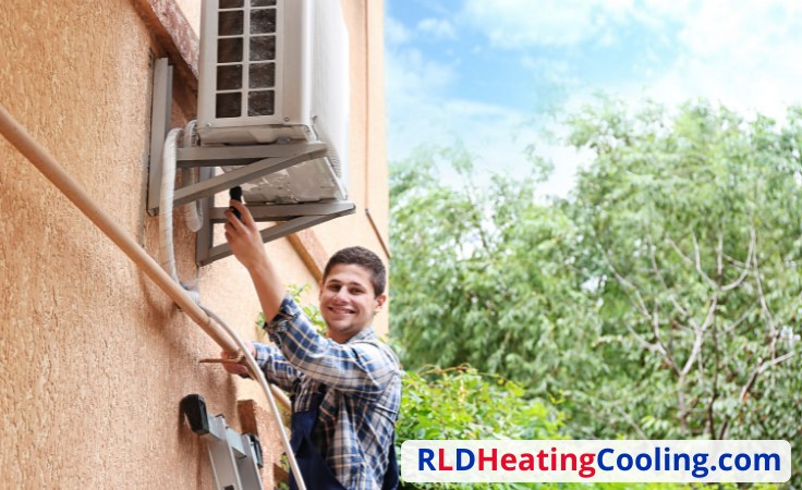 Technician servicing an outdoor air conditioning unit mounted on a wall