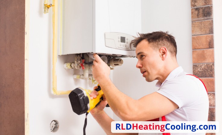 Technician drilling while fitting a wall heating unit