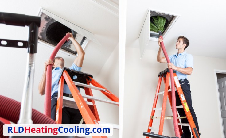 Technician on a ladder working at a ceiling vent